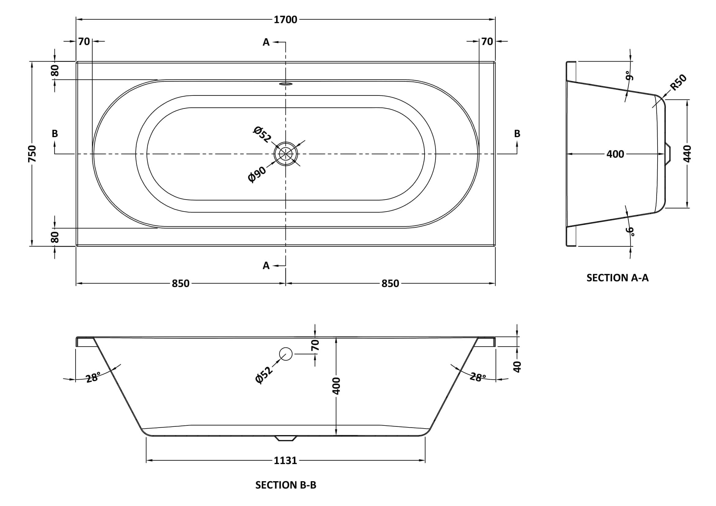 iBathUK Olira Double Ended Rectangular Acrylic Bathtub with Rounded Interior, White Gloss Bathroom Bath, 1700 x 750mm