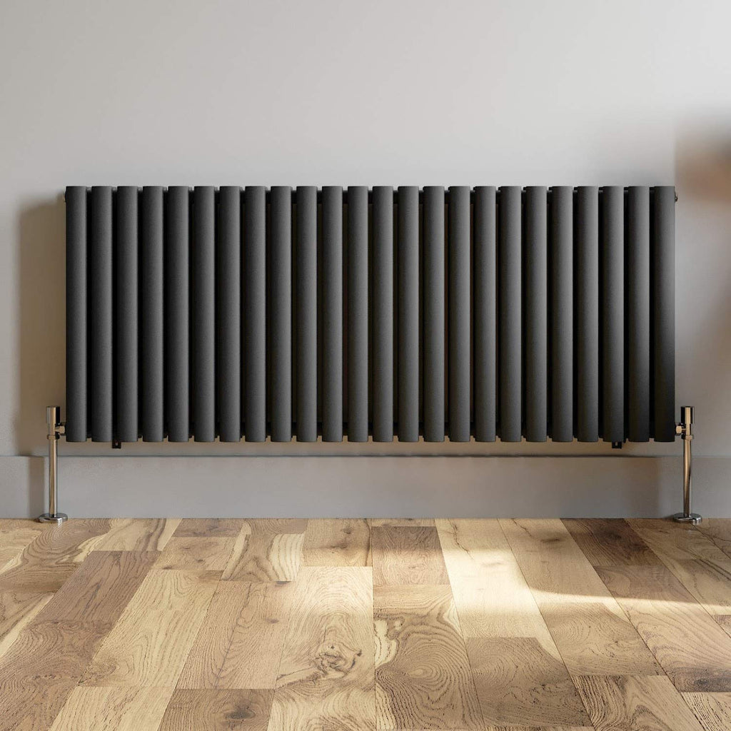 iBathUK Strata Horizontal Double Panel Oval Radiator, Wall Mounted Designer Radiator, High Heat Output, Matt Anthracite, 600 x 1440mm