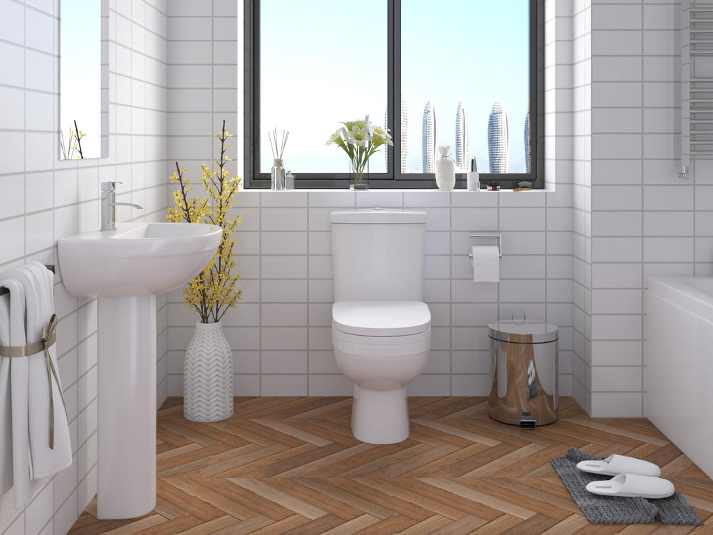 Modern Bathroom Slimline Close Coupled Comfort Height D Shaped Pan Toilet with Cistern Short Seat WC Push Button Flush White - Sleek