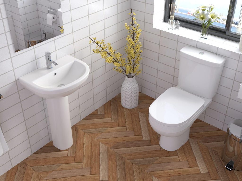 Modern Bathroom Slimline Close Coupled Comfort Height D Shaped Pan Toilet with Cistern Short Seat WC Push Button Flush White - Sleek
