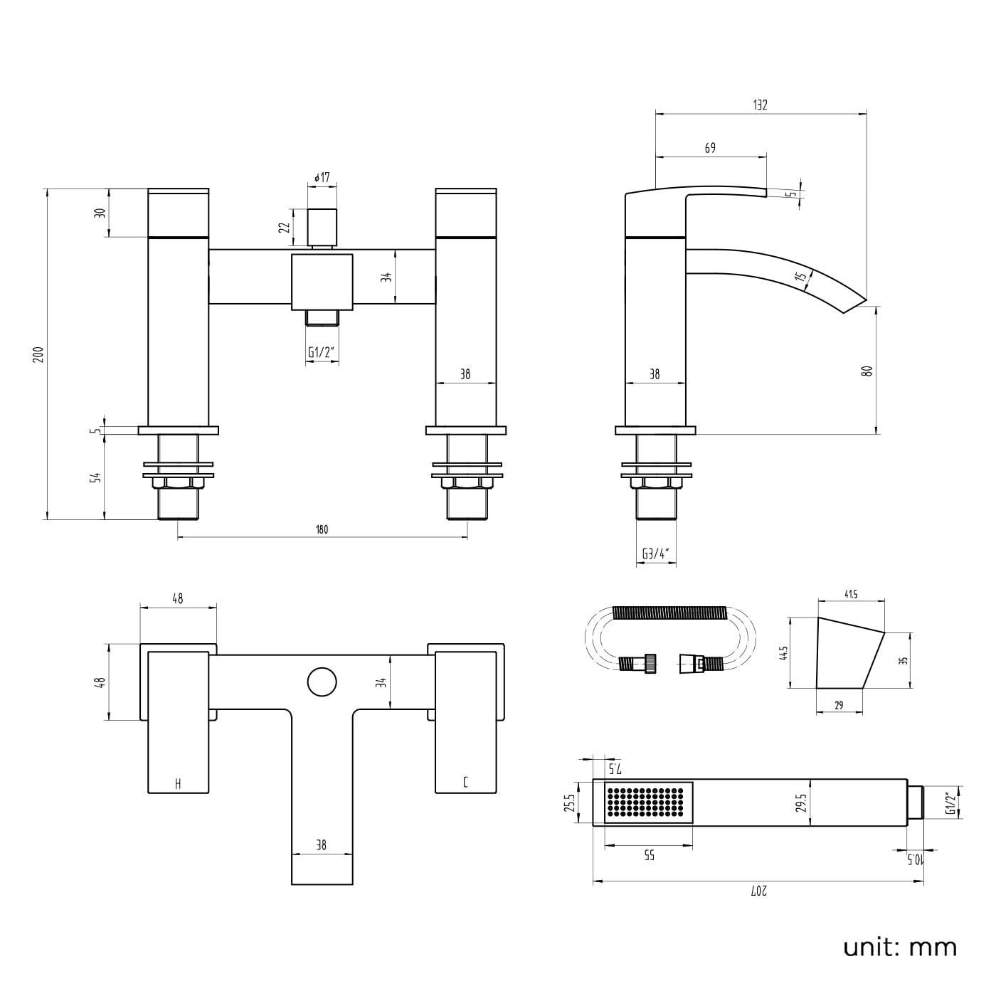 iBathUK Zylar Bath Filler Mixer Tap with Hand Held Shower Head, Versatile Shower with Bath Filler for Modern Bathrooms, Chrome