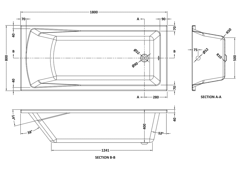 Sidcup Square Single Ended Bath 1800mm x 800mm