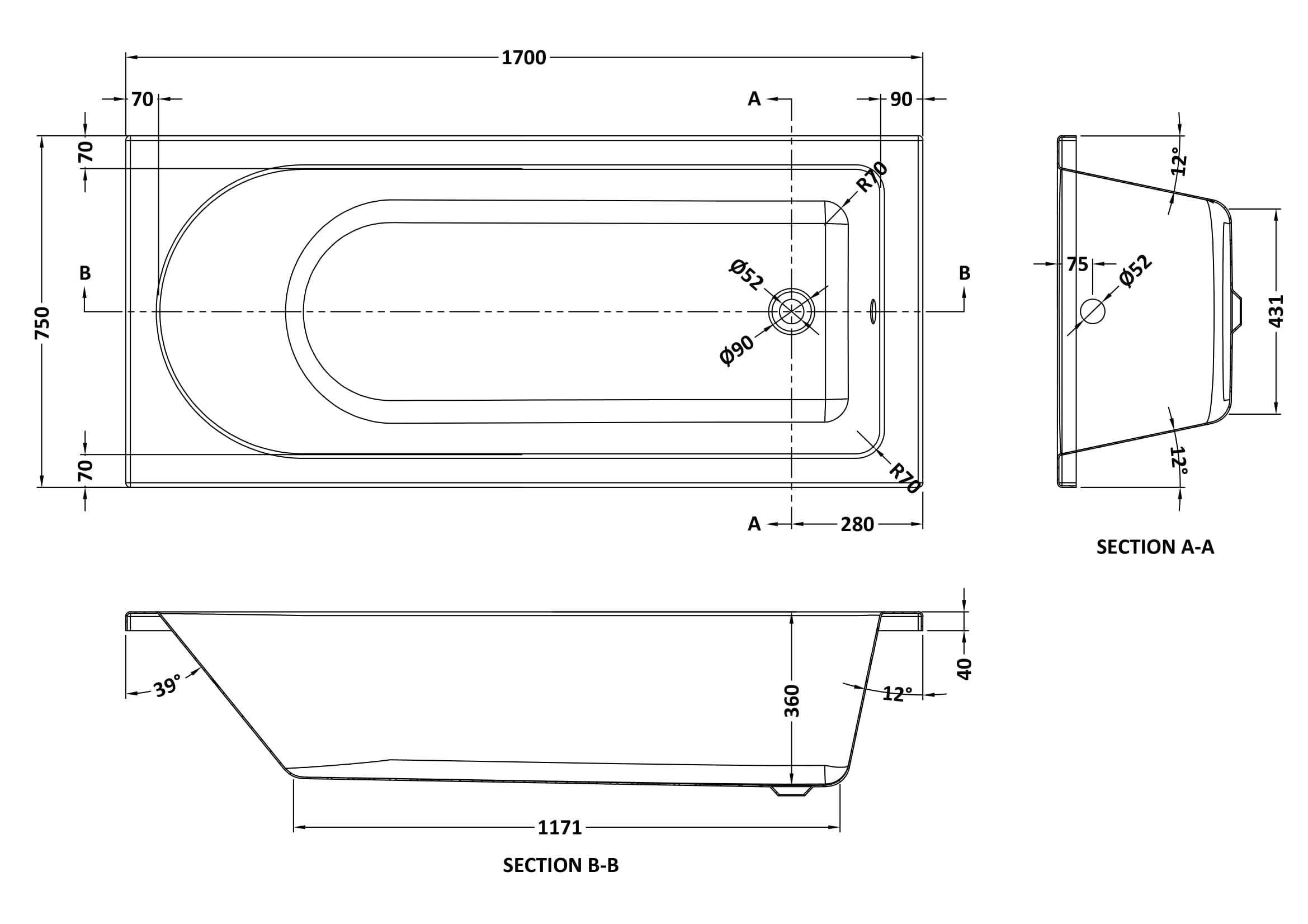 Ruislip Round Single Ended Bath White 1700mm x 700mm