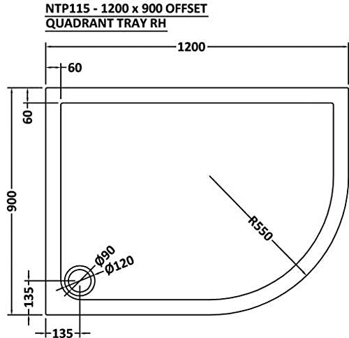 Offset Quadrant Shower Tray 1200x900mm, Stone Resin Tray for Shower Enclosure, Glass Door Bathroom- Right Hand, White