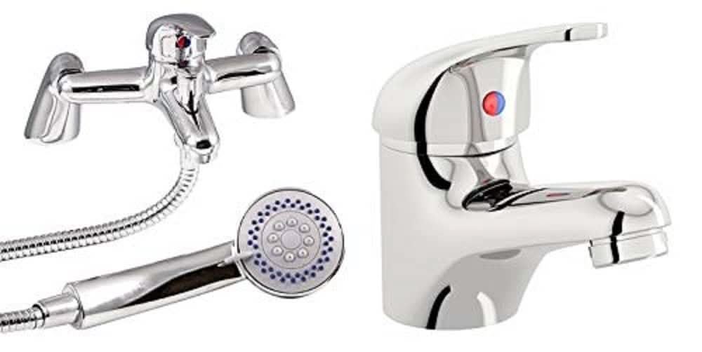 Egham Bath Basin Taps Set Designer Chrome Sink Tap & Bath Shower Mixer
