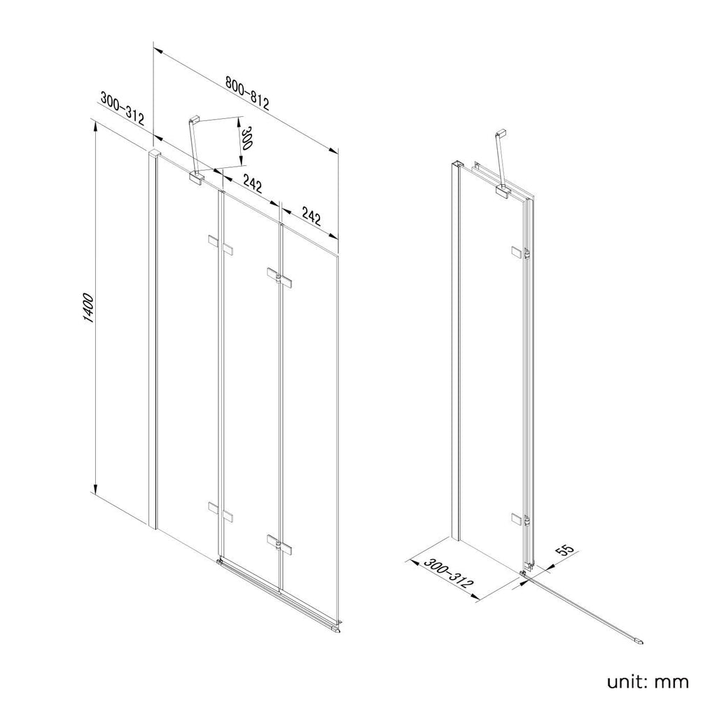 iBathUK Flexa Luxury Folding Bath Shower Screen, Pivot Glass Door Panel, Left Hand, Space-Saving Design, Modern Bath Shower Screen, Chrome, 800mm