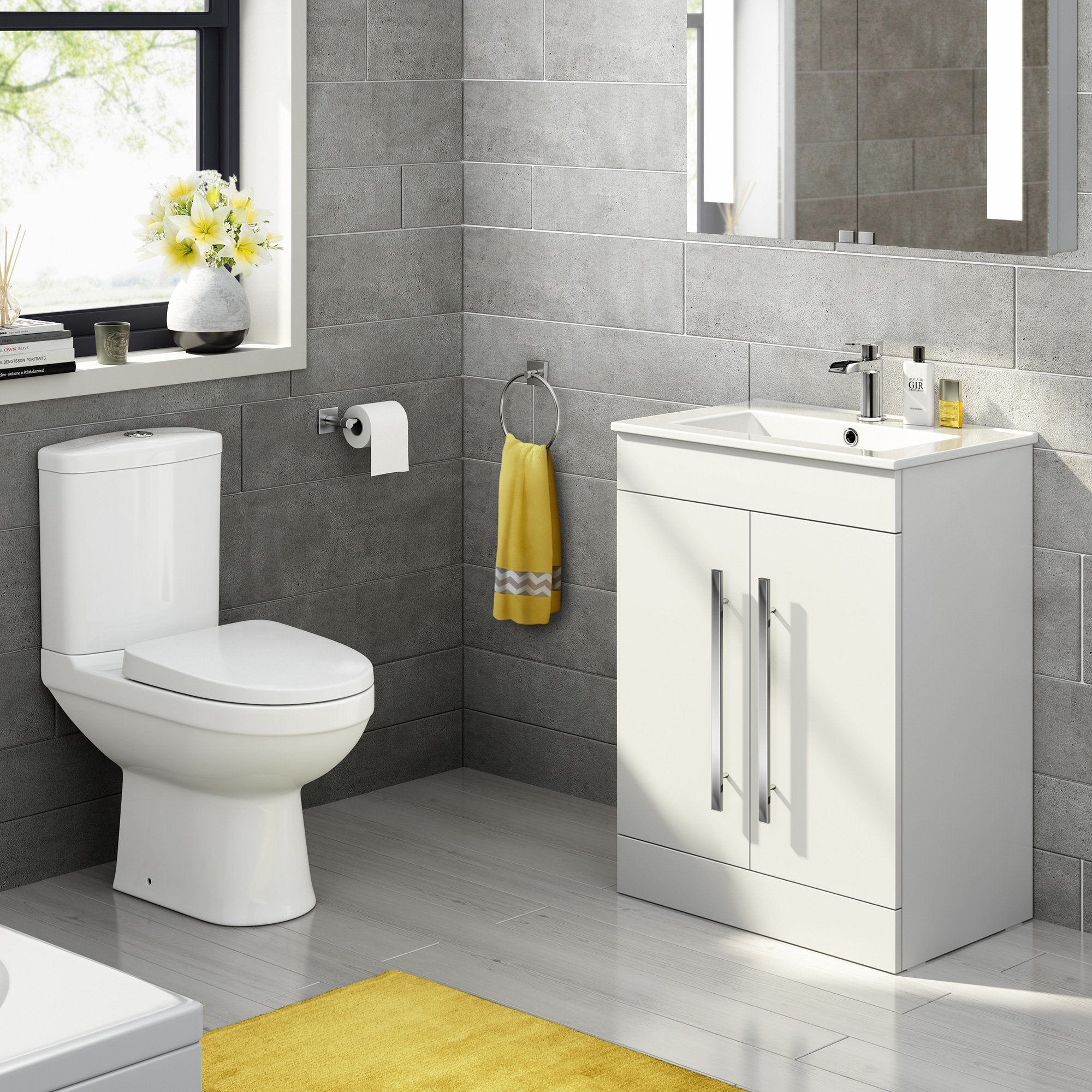 Bathroom Ceramic Suite Vanity Sink Unit Chrome Handles + Close Coupled Toilet Set