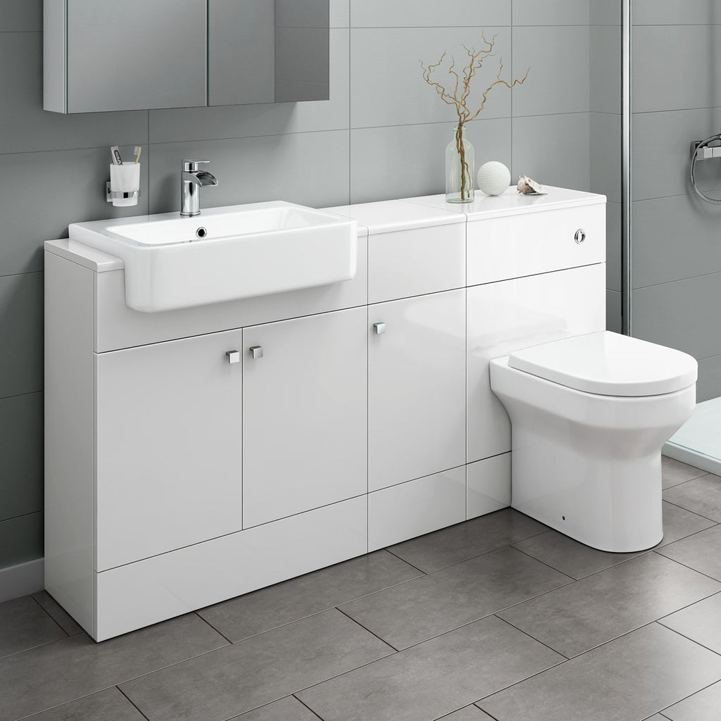 iBathUK Harper Combined Vanity Unit with Back To Wall Toilet, Vanity Unit with Basin, Modern Bathroom Furniture Set with Pan, Gloss White, 1500mm