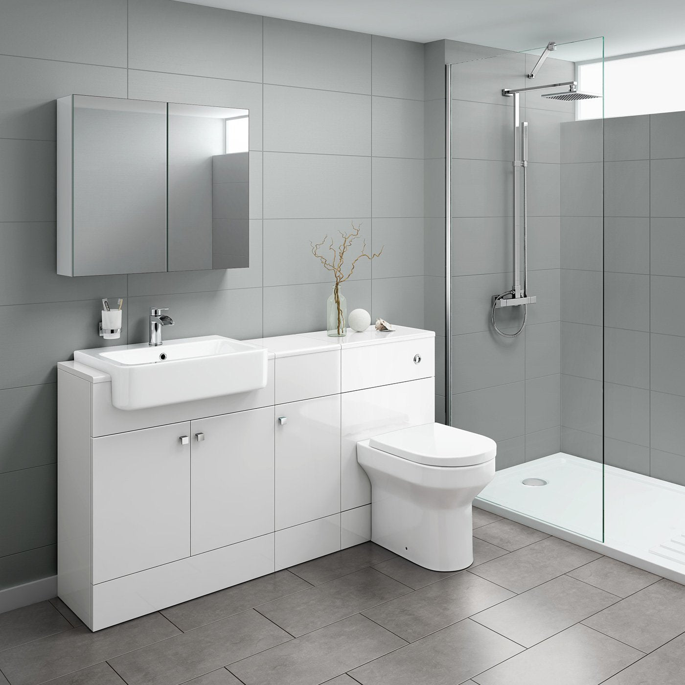 iBathUK Harper Combined Vanity Unit with Back To Wall Toilet, Vanity Unit with Basin, Modern Bathroom Furniture Set with Pan, Gloss White, 1500mm