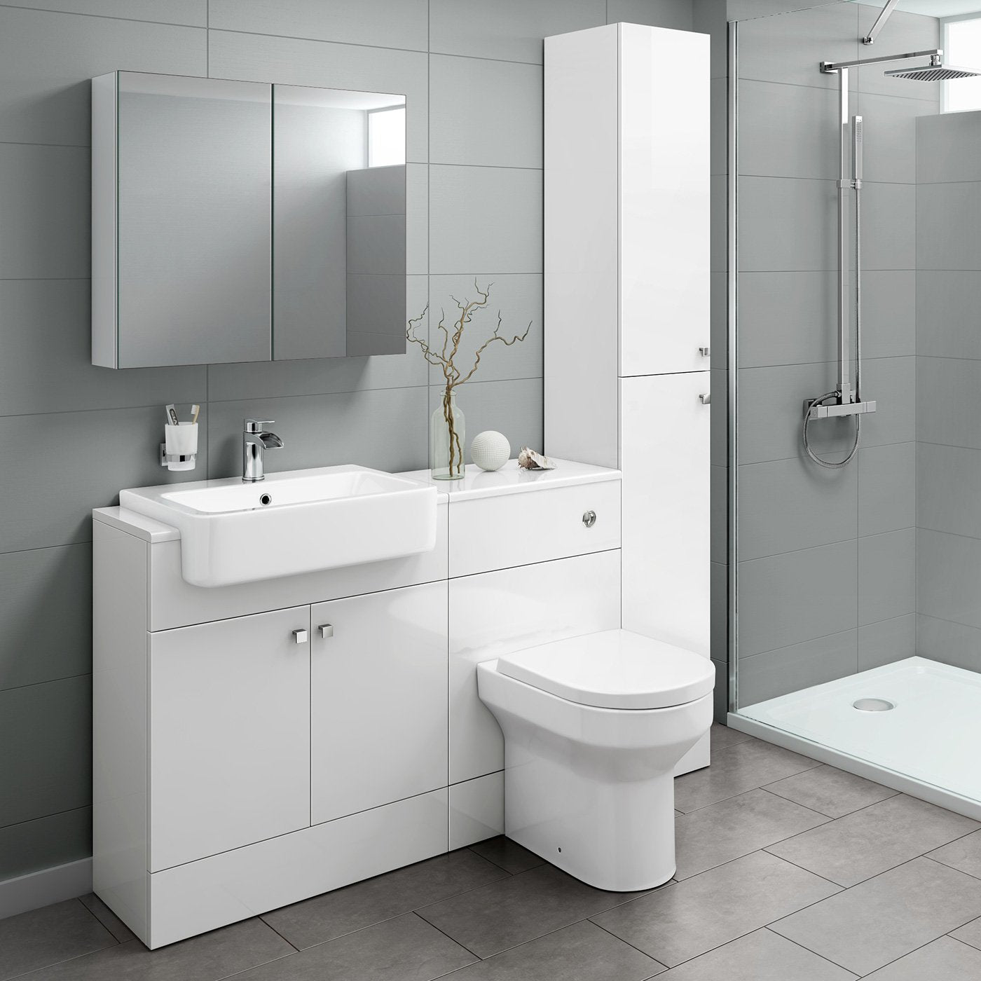 iBathUK Harper Combined Vanity Unit Bathroom Suite, Basin Cabinet with Back to Wall Toilet WC & Pan, Modern Vanity Unit with Basin Gloss White