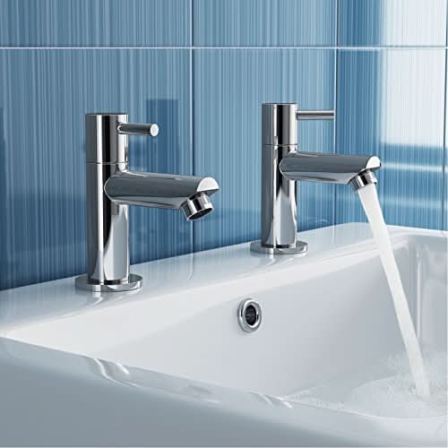iBathUK Xylen Pair of Hot & Cold Basin Mixer Taps, Bathroom Faucets for Classic Dual-Tap Styling, Basin with Mixer Tap, Chrome
