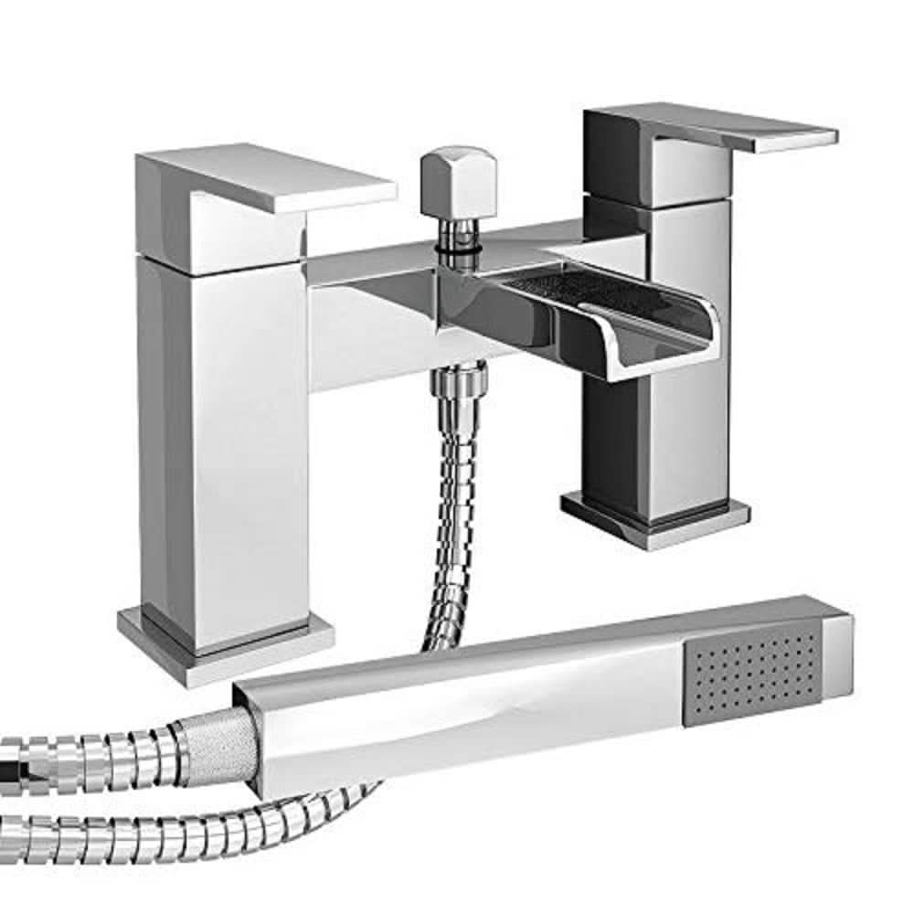 iBathUK Craven Modern Waterfall Bath Filler Mixer Tap, Deck-Mounted with Handâ€‘Held Shower Head, Basin with Mixer Tap, Chrome