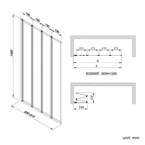 iBathUK Revolv Modern Pivot Folding Bath Shower Glass Screen, Reversible Clear Glass Door Panel, 800mm