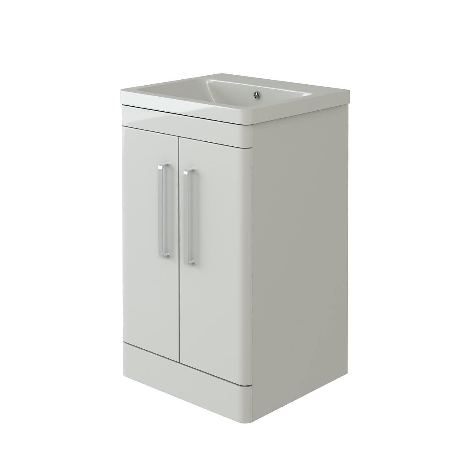 Orion 500 Light Grey Floor Standing 2 Door Unit and Basin. Modern bathroom storage with a sleek design, durable finish, and ample space. Ideal for contemporary bathrooms.