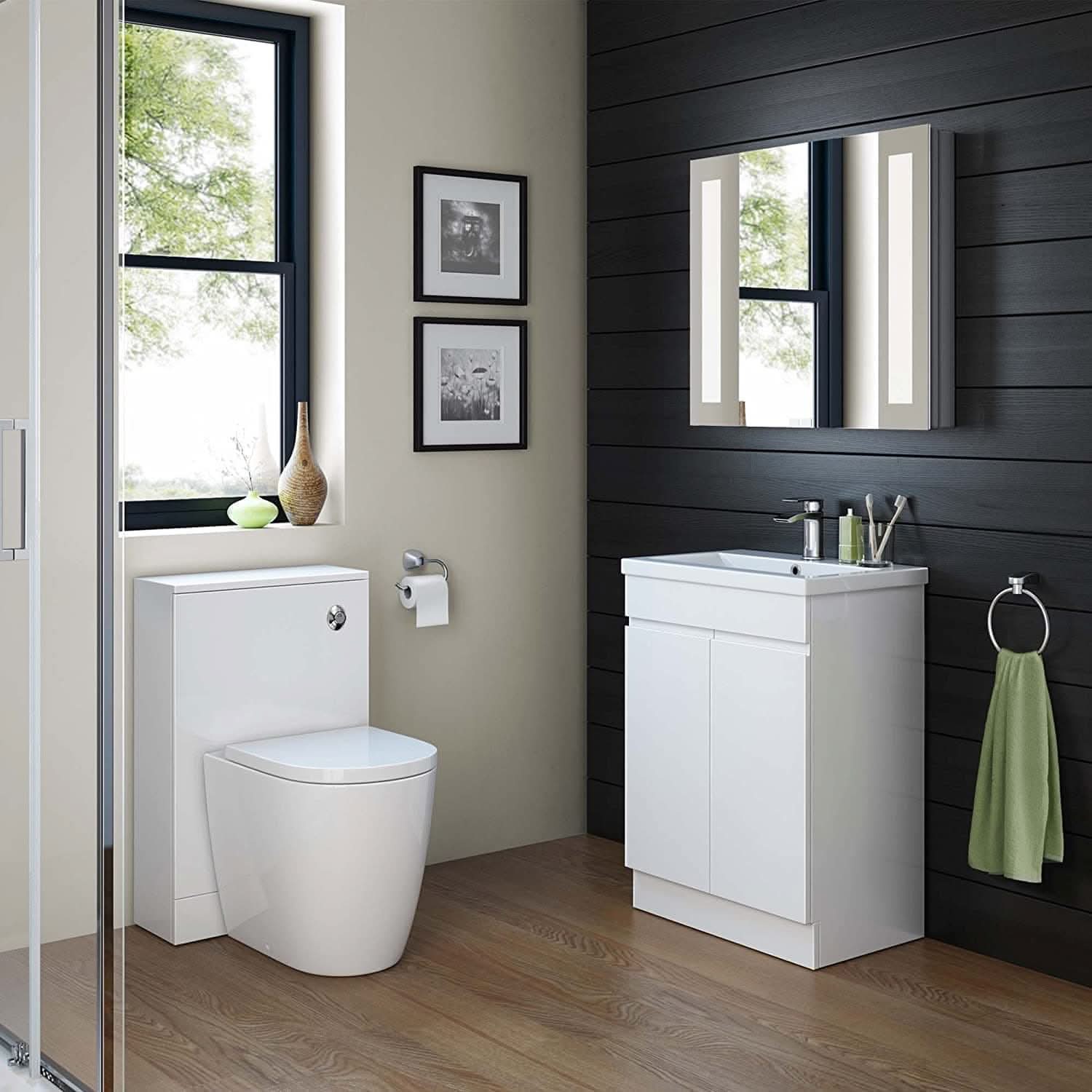 Modern Gloss White Vanity Unit & Basin - Trent 600mm x 400mm, Flat Pack. Stylish bathroom storage solution.