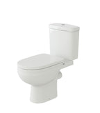 Modern white close coupled toilet with cistern and soft close seat (SLK630). Sleek and space-saving design, perfect for contemporary UK bathrooms. Ideal for small spaces.