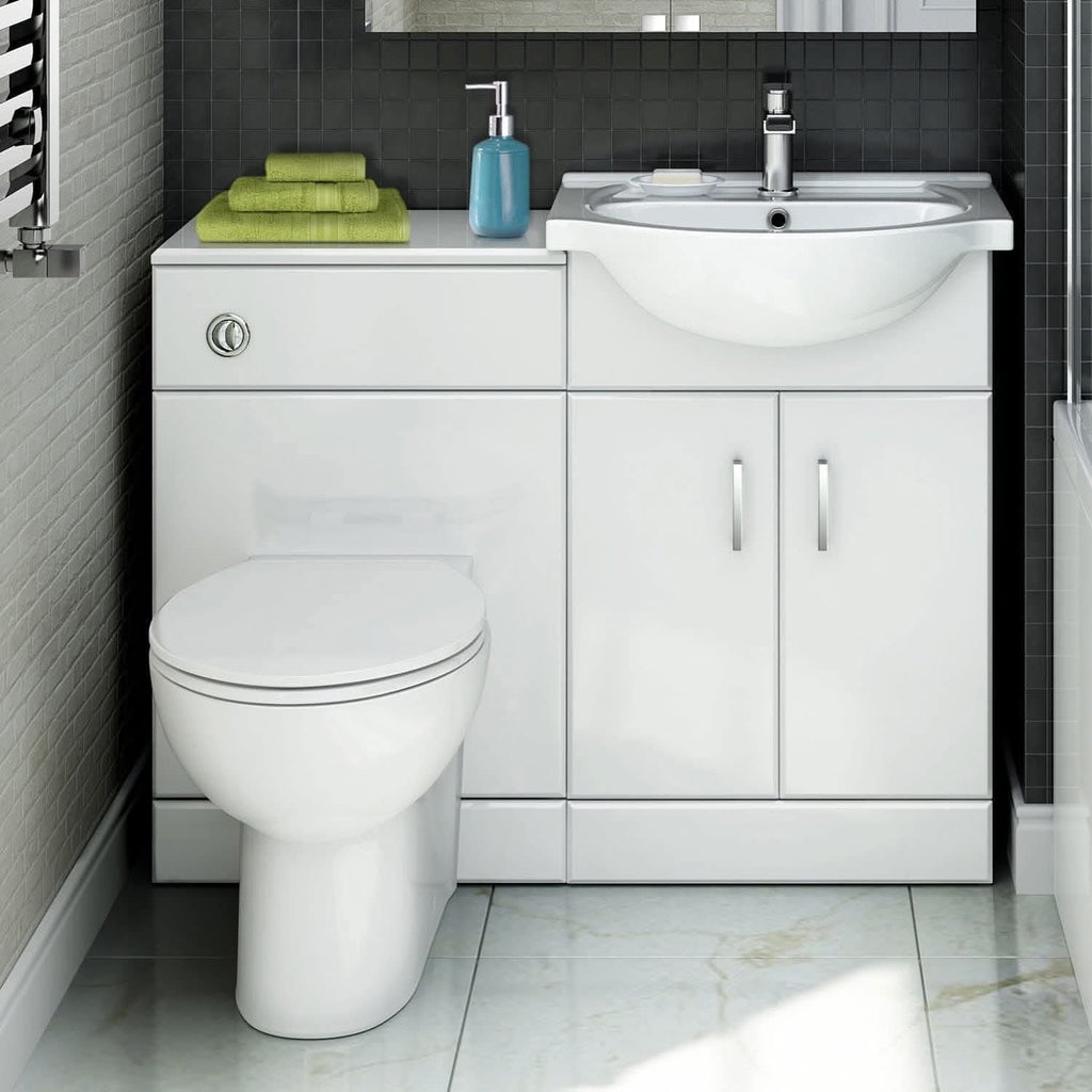 Quartz Modern Bathroom Set - Gloss White Toilet, Seat, Vanity Unit & Basin. Stylish, durable design for UK homes. Buy now at Bathroom4Less.