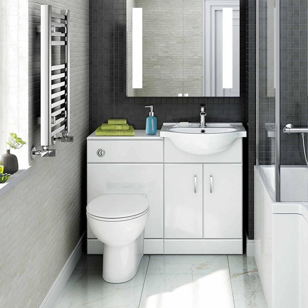 Quartz Modern Bathroom Combination Set in Gloss White, featuring a sleek toilet, comfortable seat, stylish vanity unit, and basin. Ideal for contemporary UK homes.