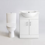 The iBathUK Bathroom Ceramic Suite features a dual flush close coupled toilet and a white vanity sink unit with soft close doors, shown side by side against a plain light gray background.