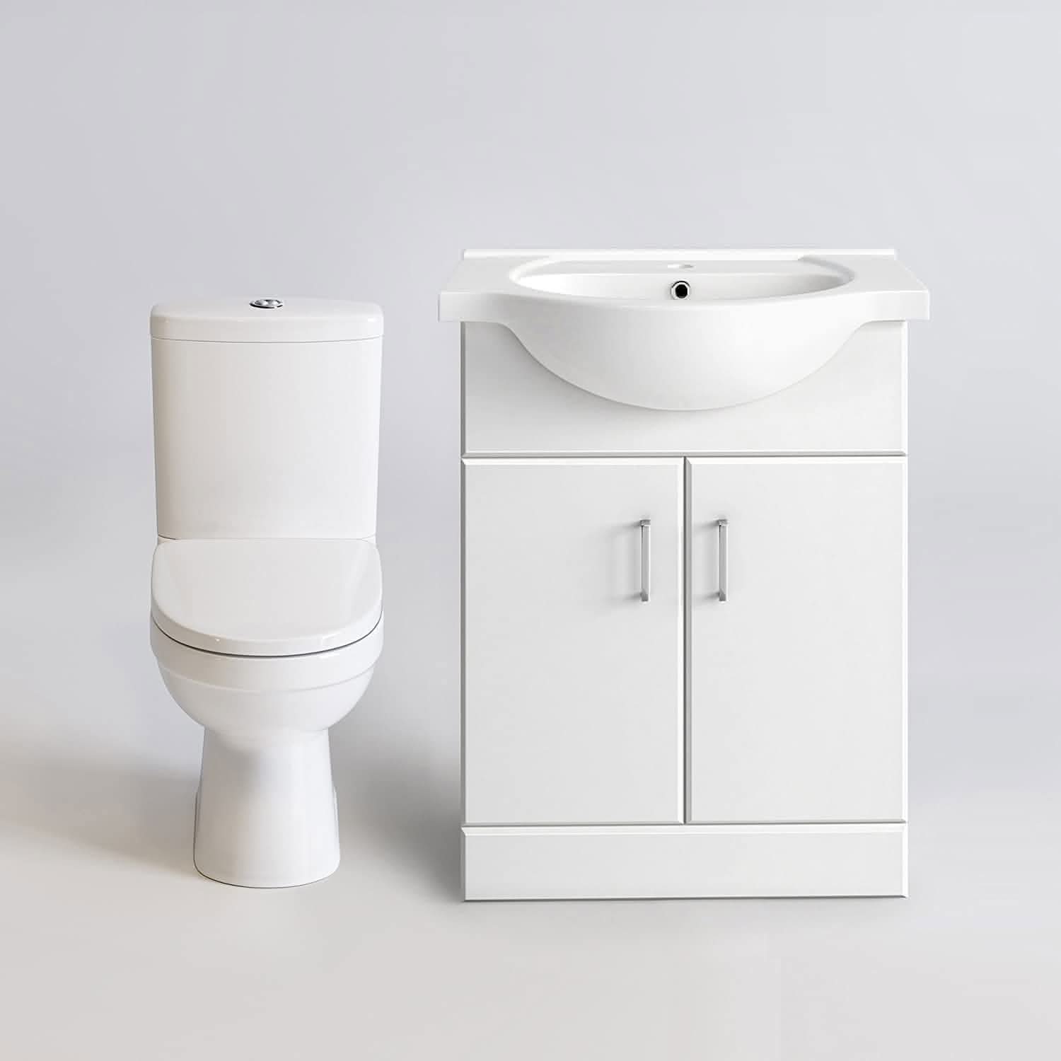 The iBathUK Bathroom Ceramic Suite features a dual flush close coupled toilet and a white vanity sink unit with soft close doors, shown side by side against a plain light gray background.
