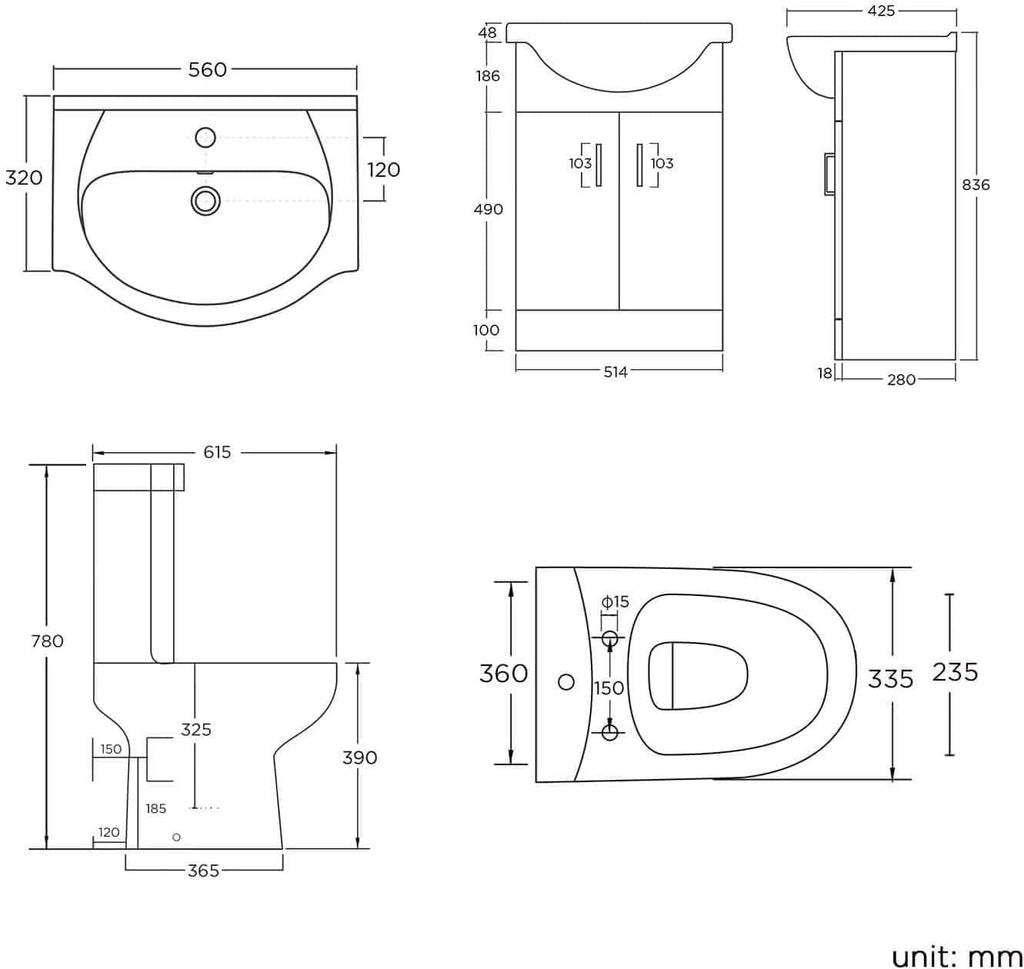 Technical drawing of the iBathUK Bathroom Ceramic Suite Vanity Sink Unit with Soft Close Doors and Close Coupled Toilet Set, showing front, side, and top views with detailed millimeter measurements for size and plumbing positions.