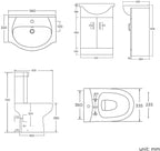 Technical drawing of the iBathUK Bathroom Ceramic Suite Vanity Sink Unit with Soft Close Doors and Close Coupled Toilet Set, showing front, side, and top views with detailed millimeter measurements for size and plumbing positions.