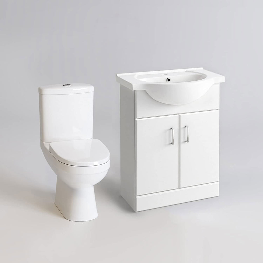 The iBathUK Bathroom Ceramic Suite features a white close coupled toilet with dual flush and a vanity sink unit with soft close doors, all set against a plain light gray background.