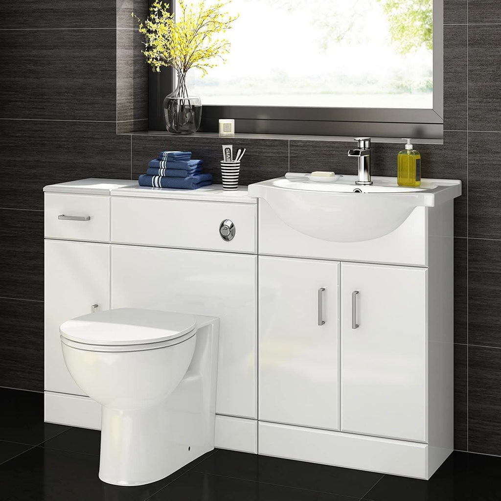 Modern Gloss White Bathroom Combination Set: Toilet, Seat, Vanity Unit, and Basin. Stylish design, space-saving, ideal for UK homes.
