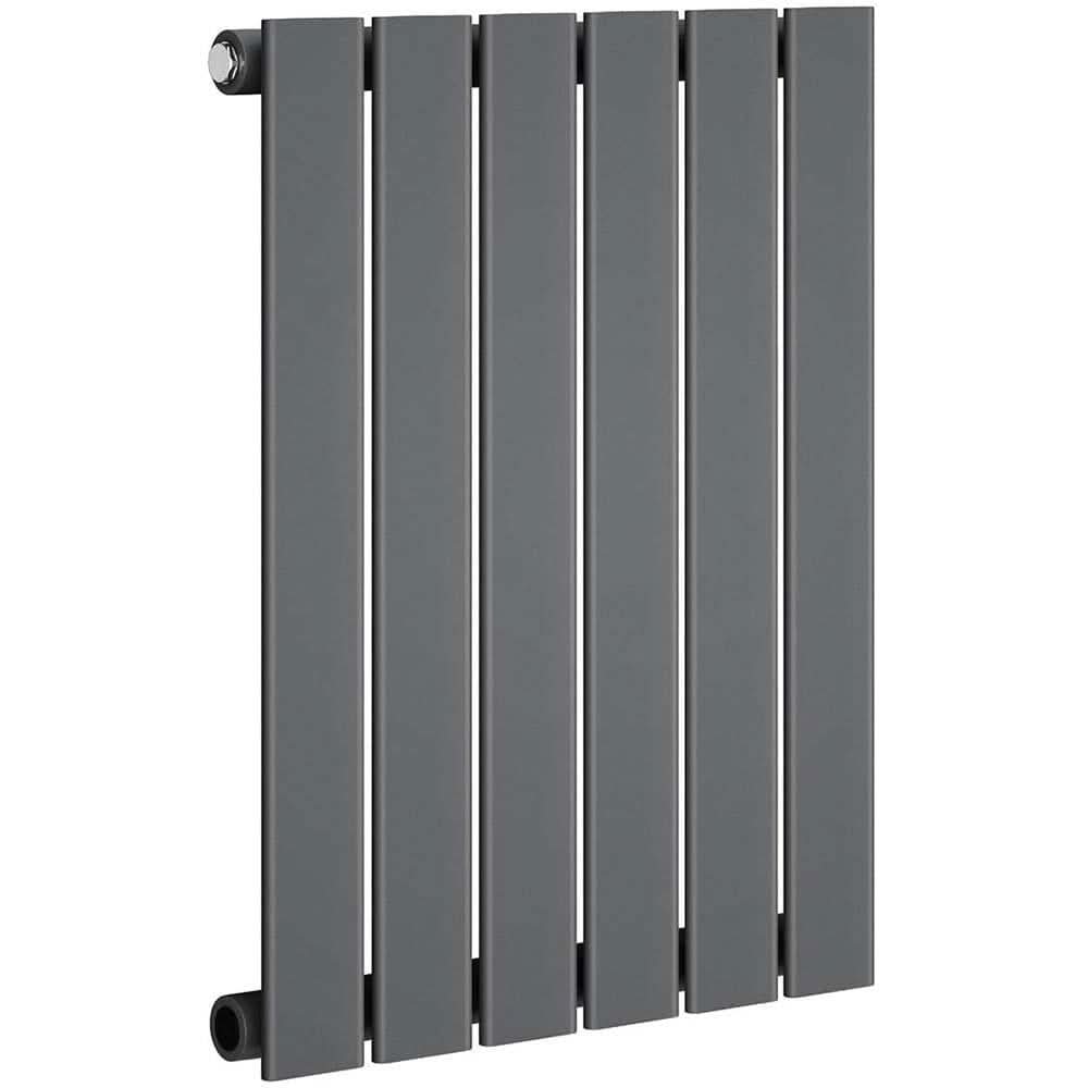 The iBathUK Apex Horizontal Single Panel Slim Flat Radiator features six evenly spaced anthracite grey panels with round pipe fittings, delivering a sleek, modern look to any room.