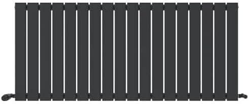 The iBathUK Apex Horizontal Single Panel Slim Flat Designer Radiator is a black radiator with evenly spaced vertical panels and two pipe connections on either end.