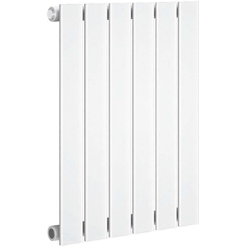 The iBathUK Apex Horizontal Single Panel Slim Flat Radiator, a modern white designer radiator with six vertical flat sections, is shown at an angle emphasizing its dual-side connection points.
