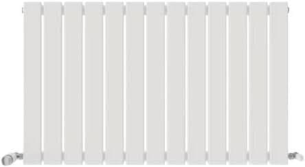 The iBathUK Apex Horizontal Single Panel Slim Flat Designer Radiator features a white finish, evenly spaced vertical slats, and two metal pipes connected at the bottom corners for a modern look.