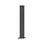 The iBathUK Apex Vertical Single Panel Slim Flat Designer Radiator features a tall, slim black design with three flat panels and two bottom valves, standing against a plain white background.