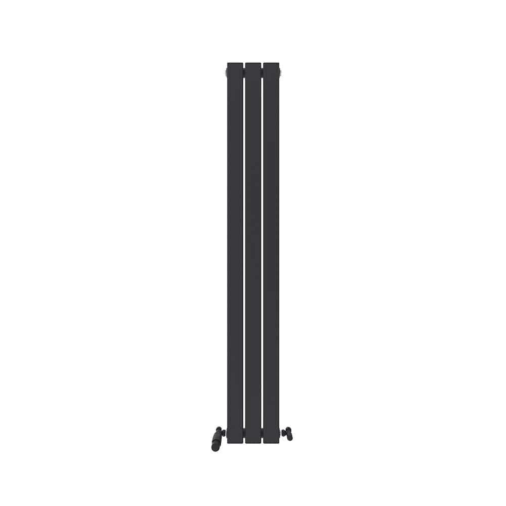 The iBathUK Apex Vertical Single Panel Slim Flat Designer Radiator features a tall, slim black design with three flat panels and two bottom valves, standing against a plain white background.