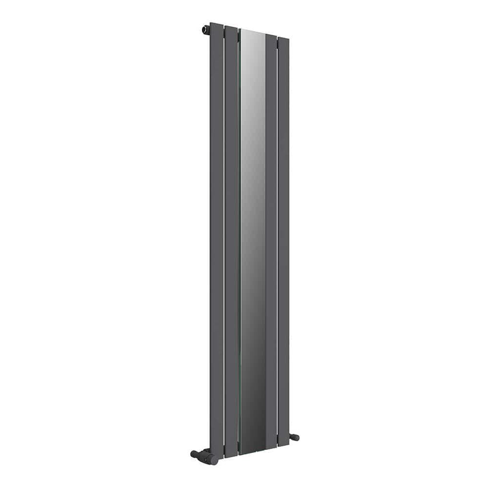 The iBathUK Apex Vertical Single Panel Radiator is a modern, slim designer radiator in matt anthracite with a sleek rectangular build and a central mirrored panel, shown upright against a white background.