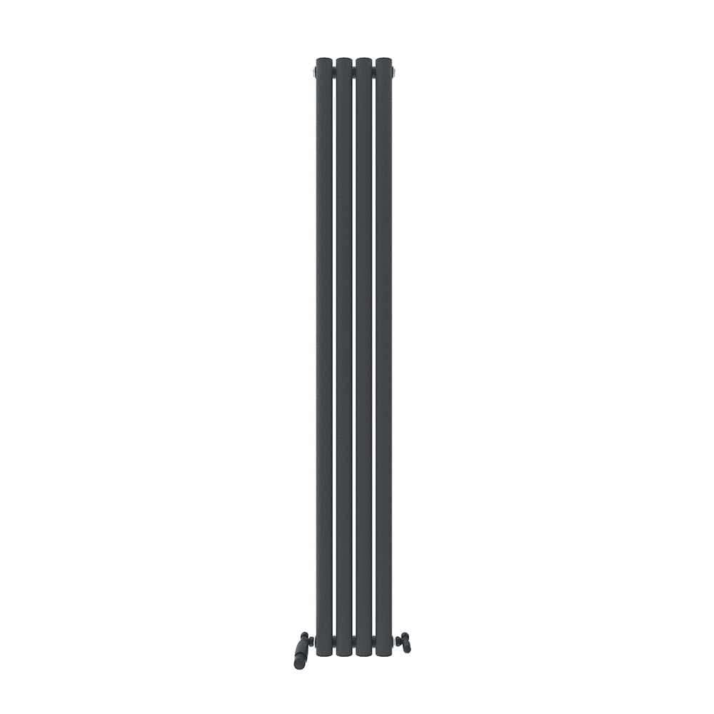 The iBathUK Strata Vertical Radiator features a sleek, tall single oval panel design, standing on two compact legs and adding a modern, designer touch to your space.