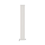 The iBathUK Strata Vertical Radiator is a tall, white double oval panel designer radiator with two metal valves at the bottom, shown isolated on a plain white background.