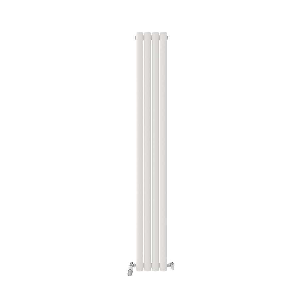 The iBathUK Strata Vertical Radiator is a tall, white double oval panel designer radiator with two metal valves at the bottom, shown isolated on a plain white background.