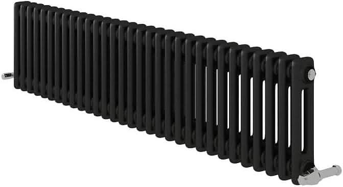 The iBathUK Regency Horizontal Column Radiator is a slim, double panel anthracite radiator with silver valves, ideal for stylish heating in bathrooms, kitchens, or living rooms.