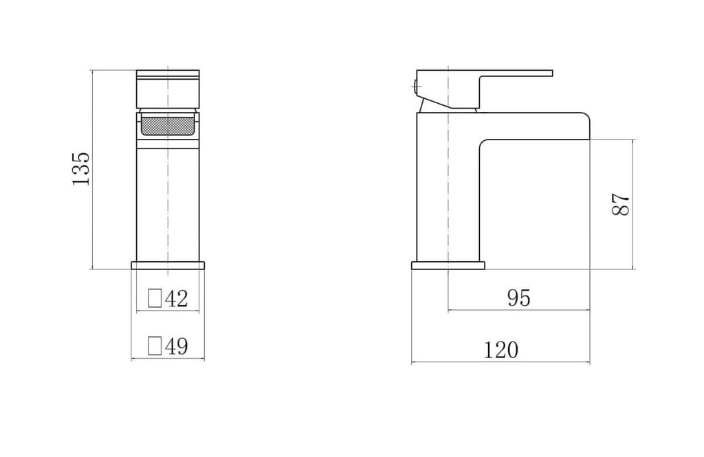 Technical drawing of the VeeBath Kelvin Square Waterfall Mono Basin Mixer Tap with Waste shows front and side views, with measurements: 135 mm height, 120 mm spout length, 87 mm spout height, and base diameters of 42 mm and 49 mm.