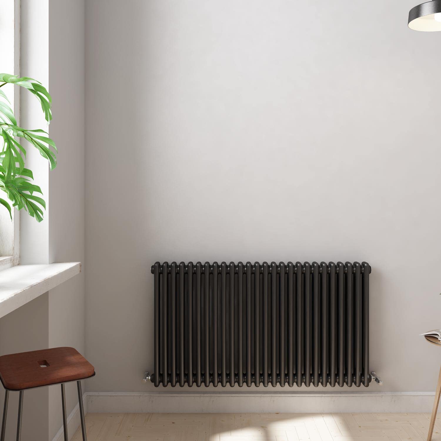Two or Three Column Radiator Anthracite Grey with Angled Thermostatic Valve