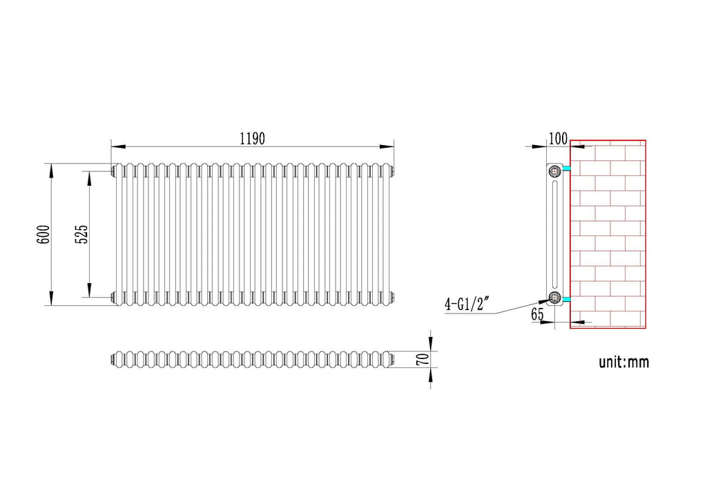 Two or Three Column Radiator Anthracite Grey with Angled Thermostatic Valve