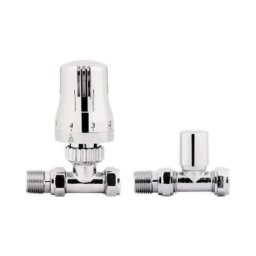 iBathUK Essence Straight Round Inc Lockshield Thermostatic Radiator Valve, Anti-Scald Design, Wall or Floor Mounted, Matt White Valve, Universal Fit for All Radiators