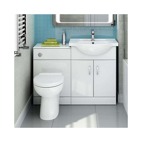 1138mm White Gloss Vanity Basin Unit + Back to Wall Toilet Furniture Set