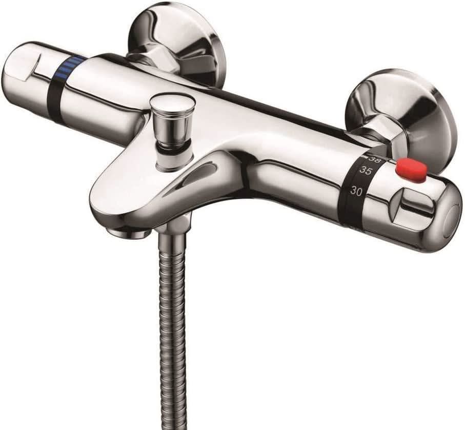 iBathUK Sola Slim Thermostatic Exposed Deck Mounted Shower Bar Mixer Valve with Bath Tap, Bathroom Tap Set with Shower, Chrome