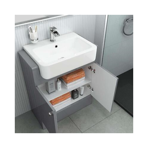 660 mm Grey Vanity Sink Unit Ceramic Basin Bathroom Door Storage Furniture