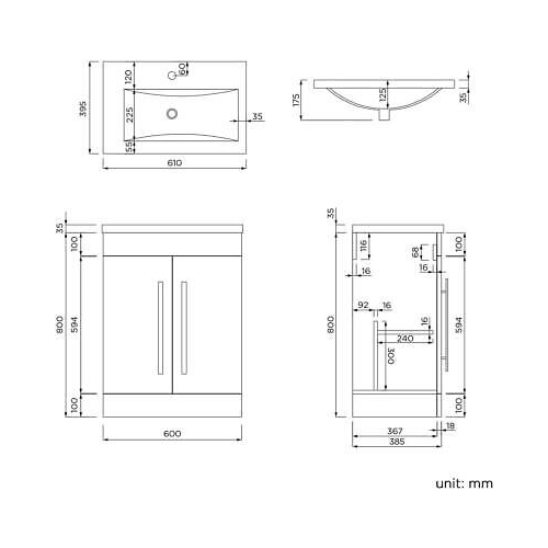 AVON 600 FS CABINET W/DOOR WITH HANDLES HG GREY & SLIM BASIN