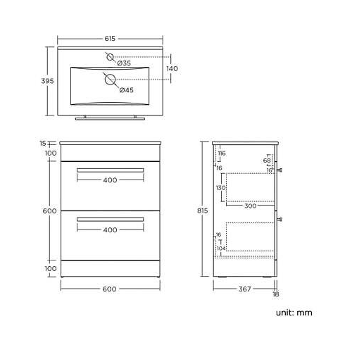 AVON 600 FS CABINET WITH 2 DRAWS HG WHITE & SLIM BASIN