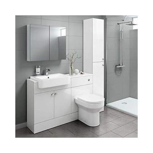 iBathUK Harper Combined Vanity Unit Bathroom Suite, Basin Cabinet with Back to Wall Toilet WC & Pan, Modern Vanity Unit with Basin Gloss White