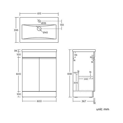 TRENT 600 FS CABINET W/ DOOR W/ GROOVE HANDLES HG WHITE & MID-EDGED BASIN